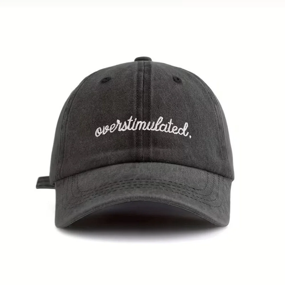 Womens Overstimulated Embroidered Baseball Cap Washed Black Casual‎ Dad Hat